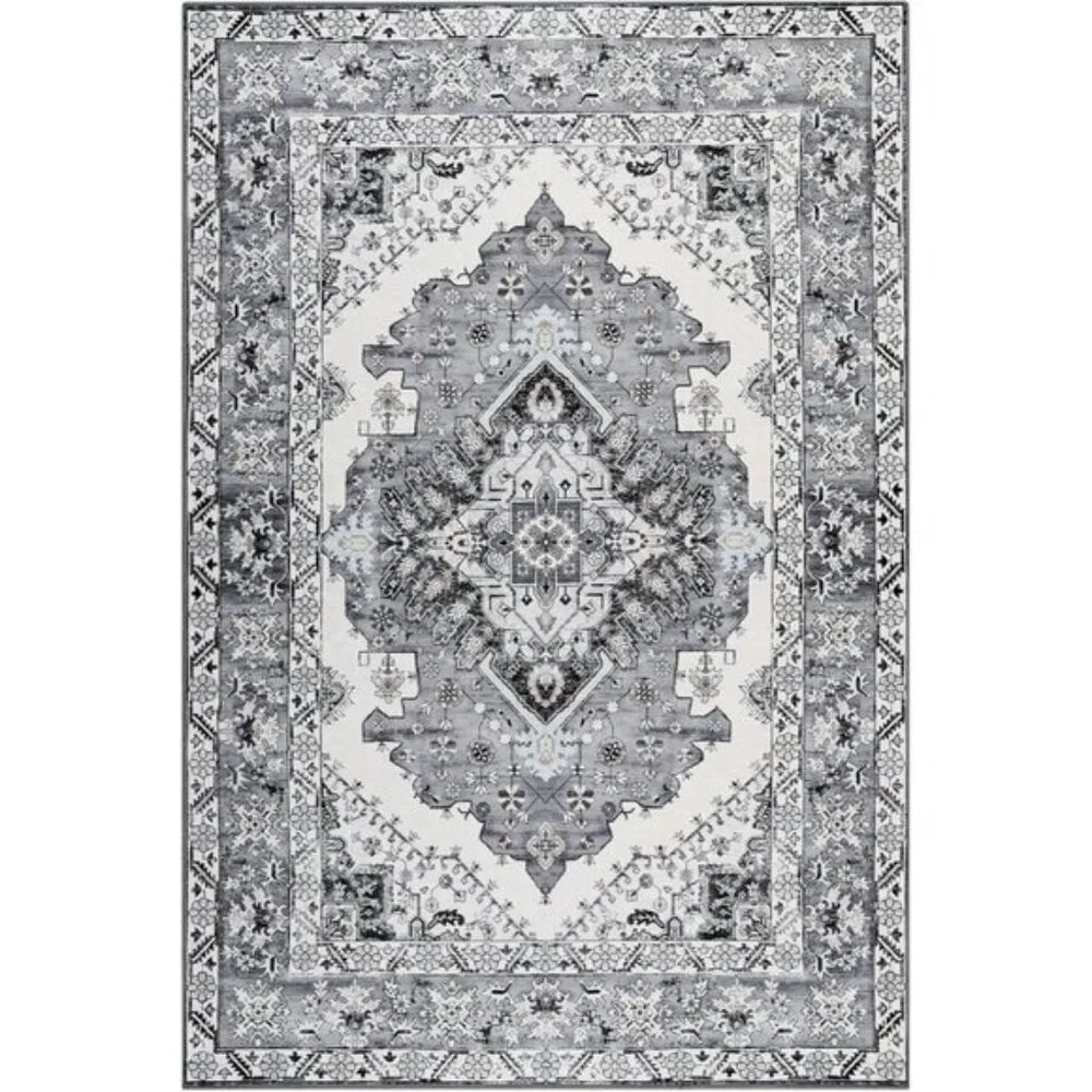 New 6x9 Washable Area Rug, Grey Blue Vintage Non-Slip Low Pile Carpet for Home